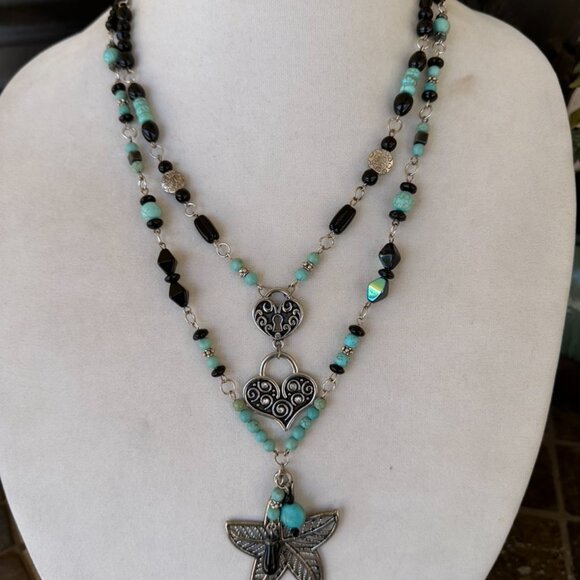 NEW - Hand Crafted Pair of Necklaces - Turquoise, Black & Silver Tones - Picture 4 of 10